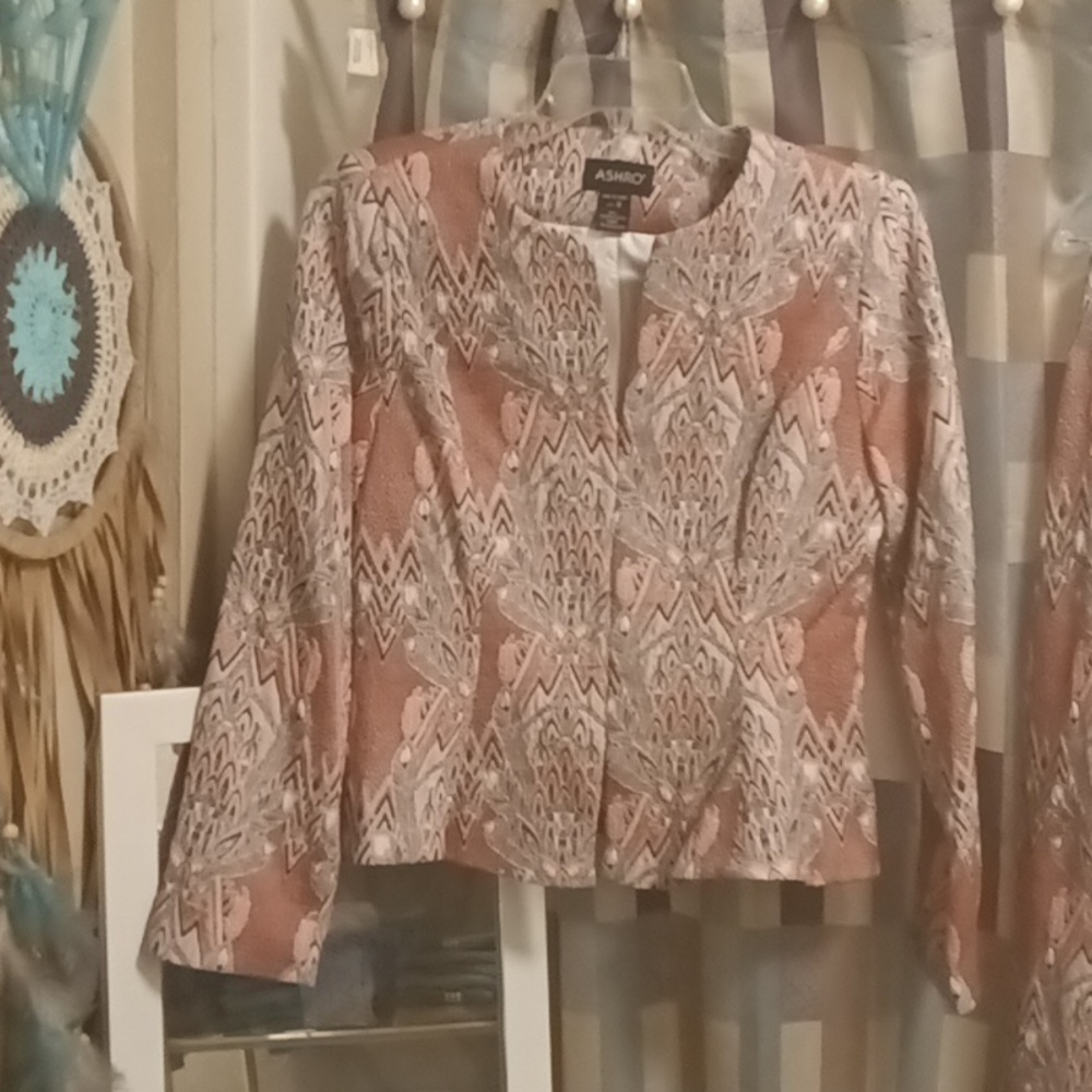 NWT FINAL PRICE ASHRO multi-colored foliage print 2-pc suit w slit - Picture 11 of 14